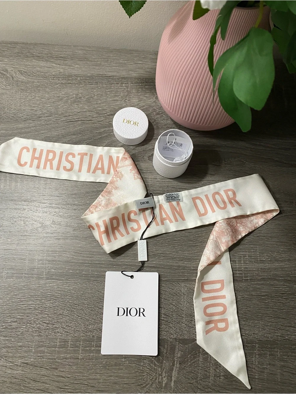 Christian Dior Cream and Blush Pink Logo Twilly Scarf